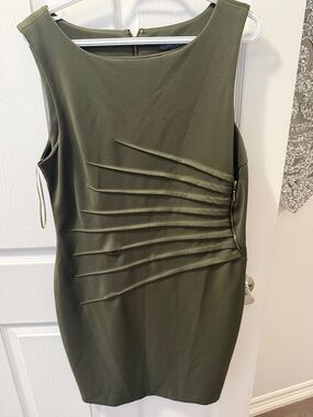 Suzy Shier Olive Green Pleated Detail Sheath Dress